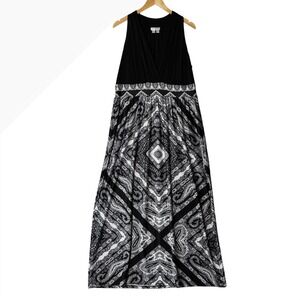 London Times Womens Size 16W Black White Paisley Maxi Dress Boho Empire
